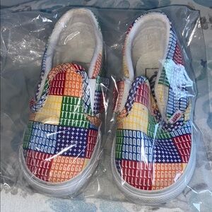 Vans Red and Blue Slip-On Sneakers Vibrant Patchwork Design